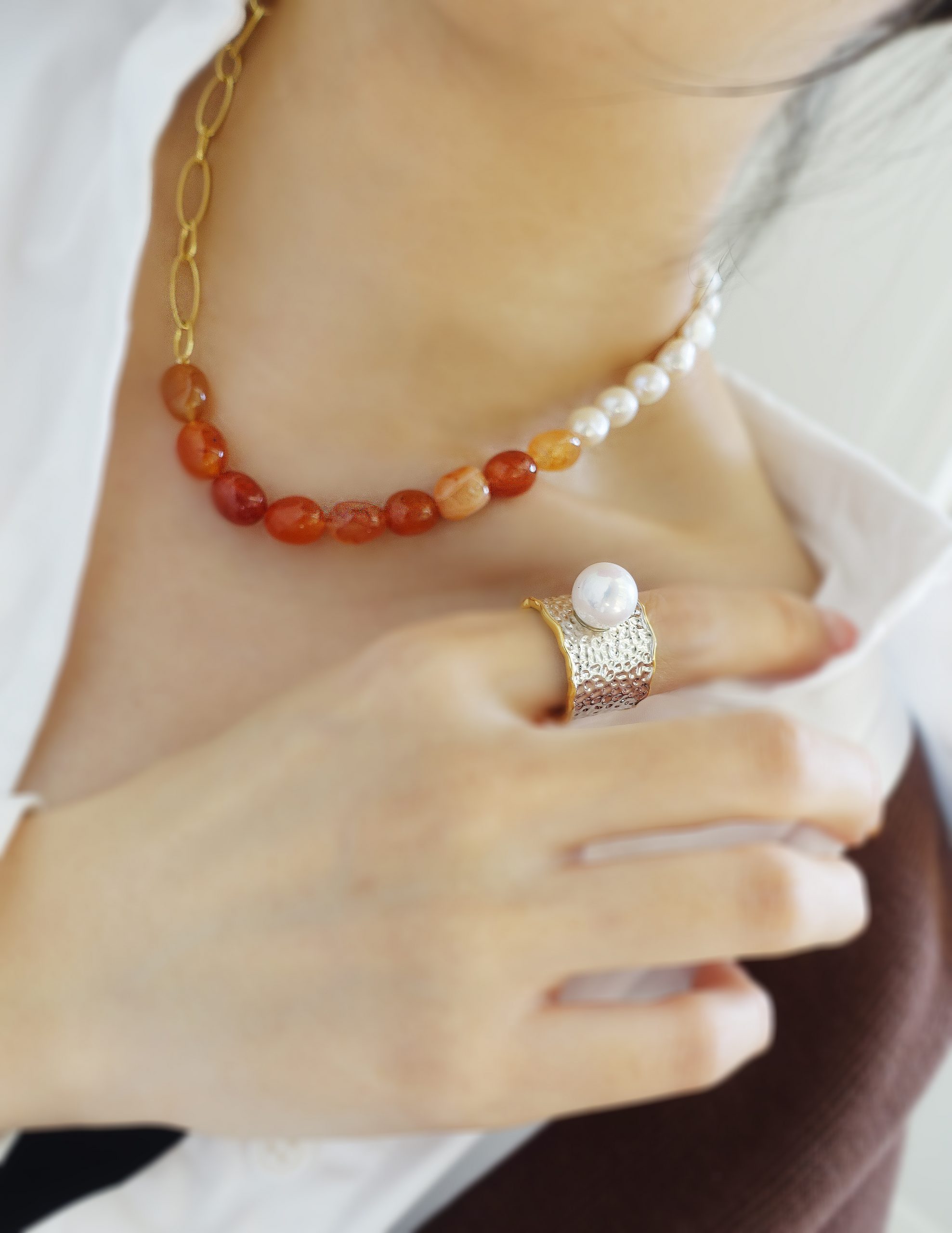 DSC05398 Gold Vermeil Pearl Topaz Necklace featuring yellow topaz and freshwater pearls.