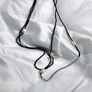 Endless Freshwater Pearl and Black Spinel Lariat Necklace