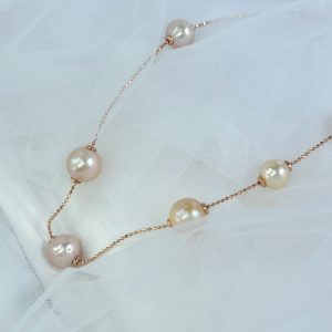 Rose Gold Movable Freshwater Round Pearl Rope Necklace