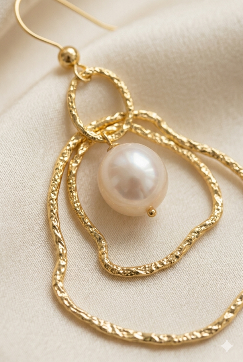 High-resolution macro shot of a pearl earring highlighting the hammered texture of the 18K gold plating and the natural luster of the white freshwater pearl.