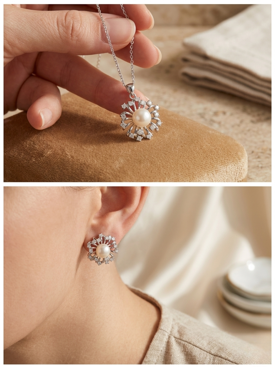 ［Flora］flower bouquet pearl shower earr Pearl Flower Jewelry Set | Blooming Flora Silver