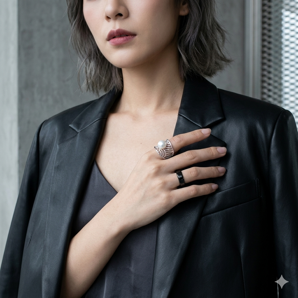Close-up of a hand wearing the Nest of Light Pearl Ring in 925 sterling silver, thereby creating a sophisticated and professional look for daily wear.
