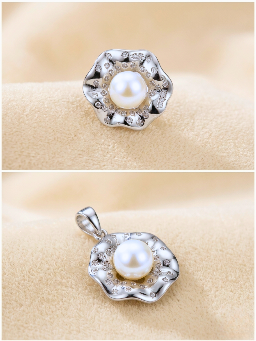 f9e4b670-82ed-46f3-a00b-d6ee85958854 A minimalist Pearl Waltz Jewelry Set featuring white button-shaped pearls at the center of circular 925 sterling silver settings.